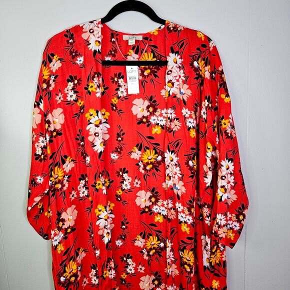New LOFT Duster Wrap Kimono Red Floral Lightweight Summer Layering M/L Boho - Picture 10 of 11